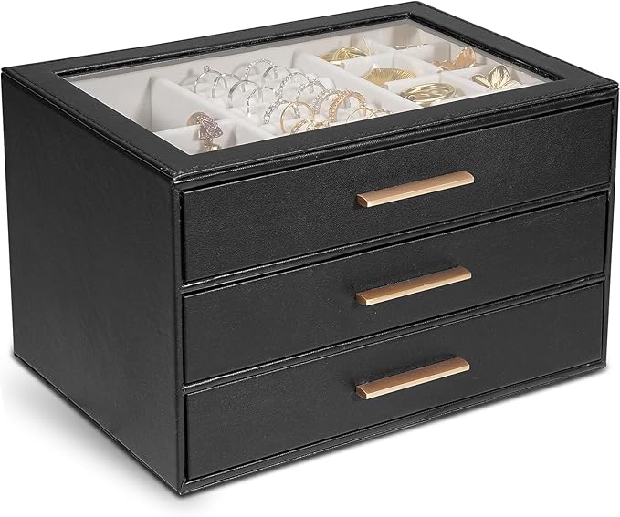 GUOER Jewelry Box for Women, Glass Lid Jewelry Organizer with 3 Drawers PU Jewelry Storage Case for Necklaces Rings Earrings Bracelets, Black