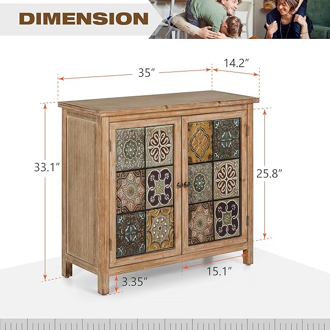 Sophia & William Accent Cabinet with 2 Doors, Distressed Storage Cabinet with Wood Frame and Checkered Patterns for Entryway Living Room