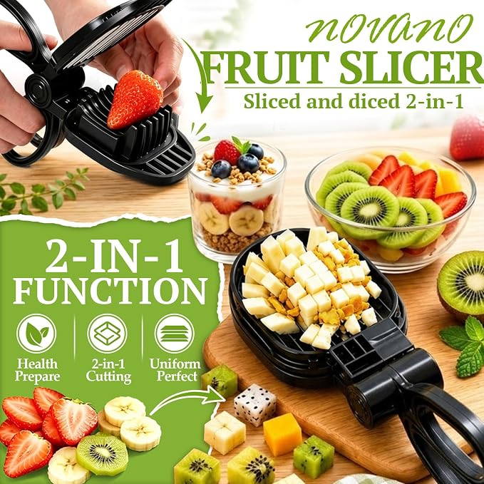 NOVANO Fruit Slicer, Egg Slicer, Black | For Hard Boiled Eggs, For Strawberry, Banana, Kiwi, Stainless Steel Blades, ABS Material, Rapid & Safe Slicing