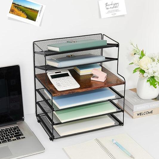 OPNICE 6-Tier Letter Tray Paper Organizer, Desk Organizers and Accessories, Desktop File Organizer, Office Desk Accessories for Office Supplies (Wood Brown)