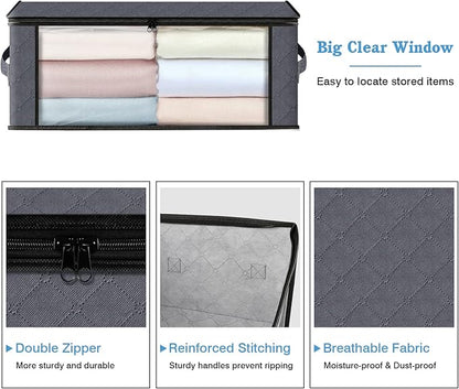 HomeHacks Storage 8-Pack Clothes Organizer Storage Bags Foldable Storage Box with Large Clear Window Sturdy Handles for Closet, Dorm, Pillows, Bedding, Clothes, Blankets, 35L, Grey