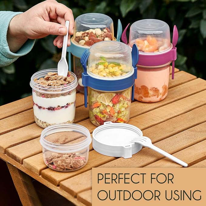 Crystalia 4 Pack 22 oz On The Go Yogurt Parfait Cups with Lids & Spoons - Overnight Oats Containers, Take and Go Reusable Cup with Topping Cereal or Oatmeal Container, Colorful