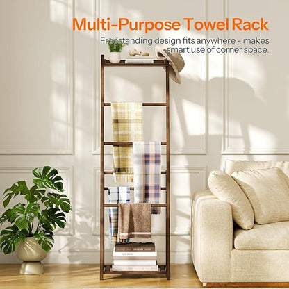 HOOBRO Blanket Ladder, 3-Tier Towel Rack, Bamboo Blanket Rack, Blanket Stand, Blanket Ladders for Bedroom, Quilt Ladder for Living Room, Bedroom, Decorative Display Ladder Shelf, Mocha MA124CJ01
