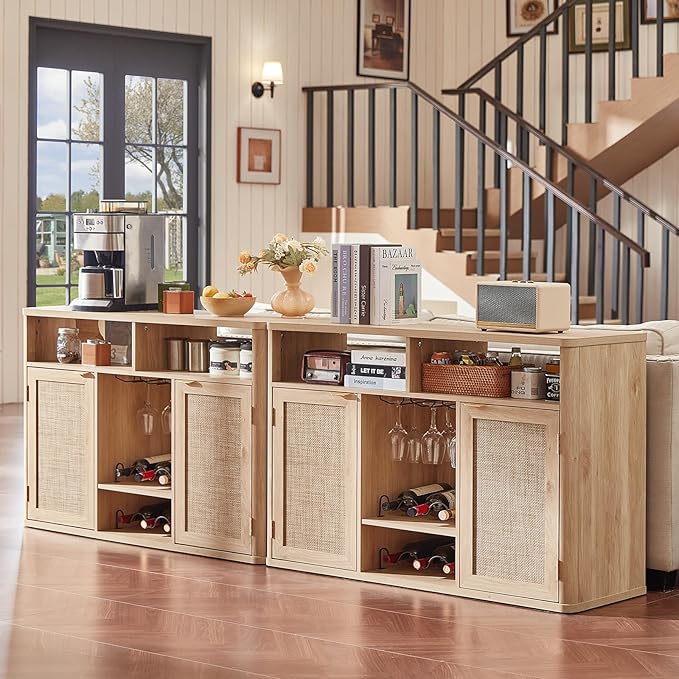 Lerliuo Rattan Wine Cabinet with 2 Doors, Boho Liquor Cabinet with Wine Racks, Farmhouse Coffee Bar Station for Living Room, Dining Room, Kitchen, Natural Wood
