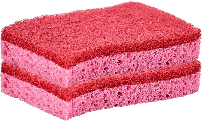 Non-Scratch Cellulose Sponge Kitchen Scrub Sponge with Scouring Pad Set, Good for Non-Stick Cookware Frying Pan, Pot, Counter Top, Sink Scrubbing, Kitchen Scrubbers, Pack of 2, (Red/Pink)