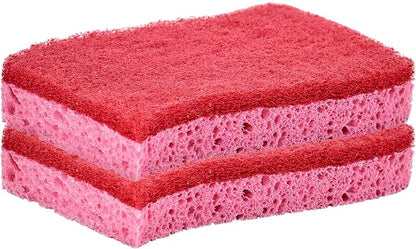 Non-Scratch Cellulose Sponge Kitchen Scrub Sponge with Scouring Pad Set, Good for Non-Stick Cookware Frying Pan, Pot, Counter Top, Sink Scrubbing, Kitchen Scrubbers, Pack of 2, (Red/Pink)