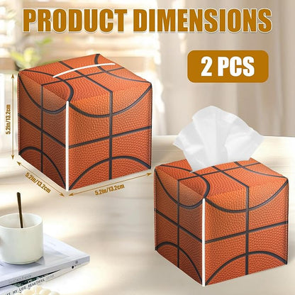 Basketball Tissue Box Cover 2PCS, Sport Ball Leather Tissue Box Holder Square Facial Paper Case Tissue Box Cube Organizer for Bathroom Bedroom Desk Office