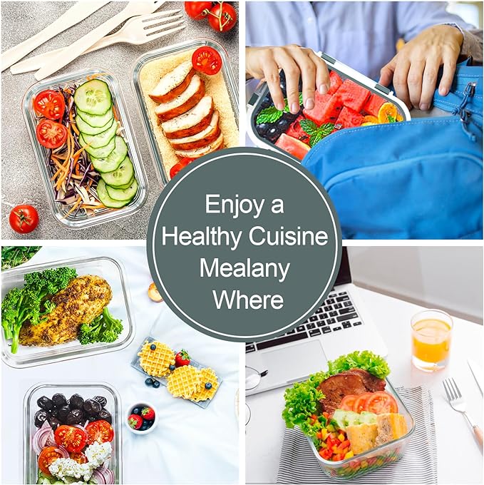 VERONES 10 Pack Glass Meal Prep Containers, Airtight Glass Lunch Containers, Stackable Glass Food Storage Containers Set with Lids,BPA-Free, for Microwave, Oven, Freezer & Dishwasher Friendly,Grey