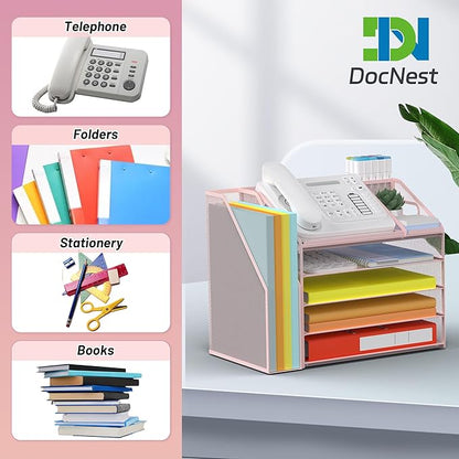 DocNest 5 Tier Paper Letter Tray File Organizer, Mesh Desk File with Handle, Workspace Desk Organizers with Pen Holder, Office Organization Storage Accessories - Pink