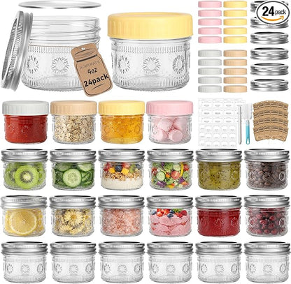 CycleMore 4 oz Glass Mason Jars – 24-Pack Small Canning Jars with Regular Mouth & Two Sets of Lids (24 Metal + 24 Plastic) – for Jam, Jelly, Spices, Overnight Oats, Wedding Favors