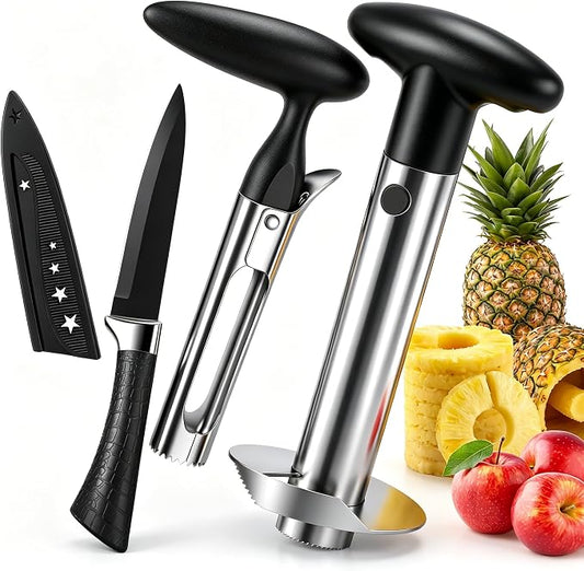 Pineapple Corer and Slicer, Stainless Steel Pineapple Cutter and Corer, Upgraded Pineapple Peeler and Apple Corer Tool with Pineapple Core Remover for Corer Tool Kitchen (Black)