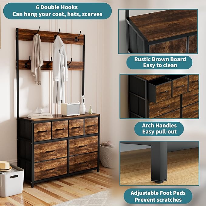 Wardrobe Closet with 8 Drawers, 69" H Freestanding Clothing Rack, Large Capacity Storage Organizer with 6 Double Hooks for Bedroom Dorm Room Apartment (Rustic Brown)