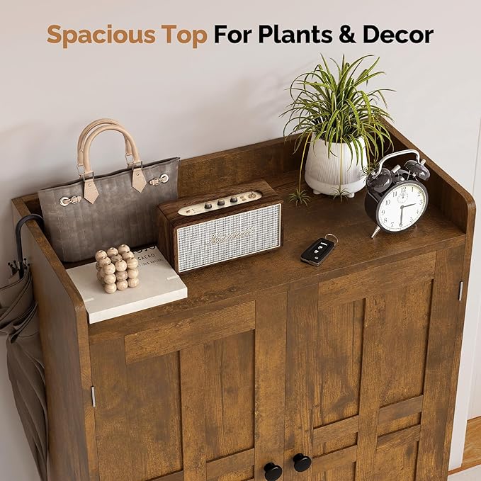 Farmhouse Shoe Cabinet with Doors, 6-Tier Wooden Shoe Organizer with Adjustable Shelves, Entryway Storage Cabinet, Rustic Shoe Storage for Entryway or Living Room (Rustic Brwon)