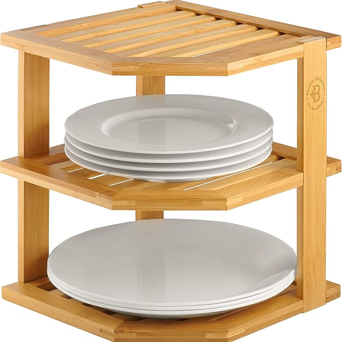 Cabinet Organizer Shelf - Bamboo Corner Rack for Kitchen Counter, Cabinet Space Saver for Plates, Dishes, Bowls, Bread - Pantry and Bathroom Storage or Countertop - Useful Home & Housewarming Gift | Kitchen Counter, Cabinet Space Saver, Plates, Dishes,...