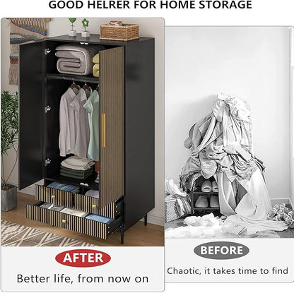 Armoire Wardrobe Closet with 2 Fluted Doors,64.96" Wooden Clothes Storage Cabinet with Hanging Rod and Shelf Storage,Wardrobe Cabinet with 3 Drawers,Freestanding Closet for Bedroom (Black)