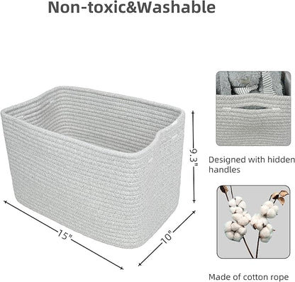 Cotton Rope storage Basket Bins Woven Basket for Organizing Shelves 15X10X9.3“ Rectangle Decorative Baskets For storage Clothes Toys Books Towels Square Wicker Nursery basket organizer 3 pack grey