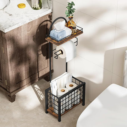 Toilet Paper Holder Stand, Freestanding Toilet Paper Holder with Shelf & Basket, Bathroom Tissue Organizer for Small Space, 3-Tier Storage for Bath Toilet Office Rustic Brown and Black TTS70BF
