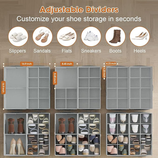 4 Pack Shoe Organizer for Closet,Foldable Shoe Storage Organizer with Adjustable Dividers, Shoe Storage Box with Clear Cover, Fits up to 32 Pairs, Gray