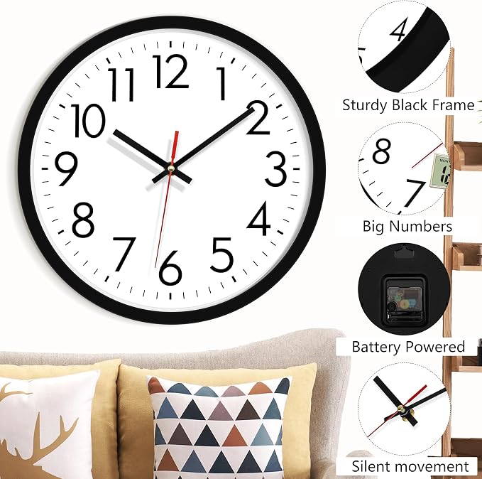 Lumuasky Wall Clock Silent Non-Ticking 12 Inch Quartz Battery Operated Round Analog Wall Clock with Easy to Read Large Numbers for Classroom,School, Office, Living Room, Bedroom,Kitchen