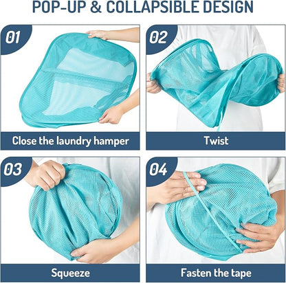 Seiritex Mesh Popup Laundry Hamper 2 Compartment, Collapsible Laundry Sorter Basket Foldable Hamper for Clothes, College Dorm, Travel (Turquoise Blue)