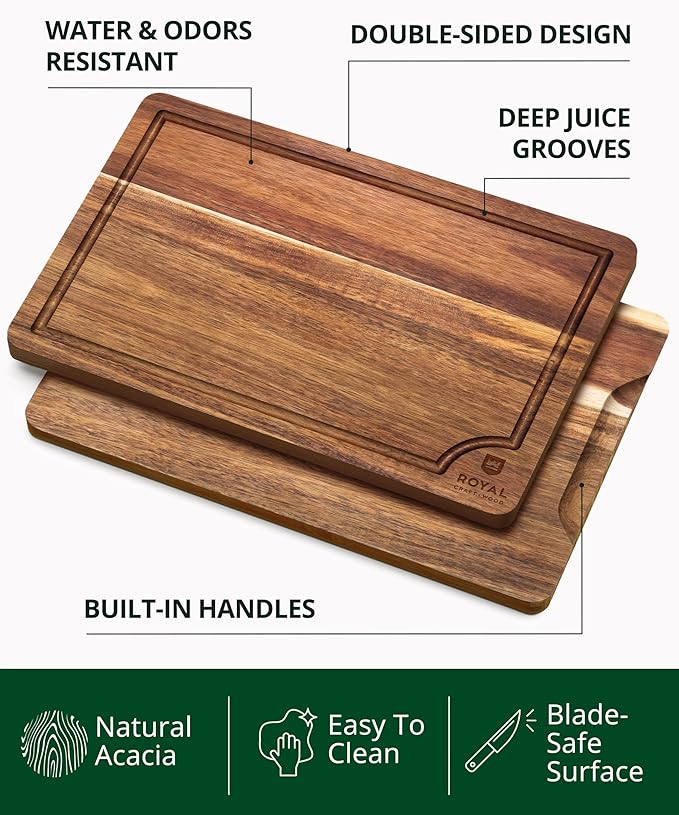 ROYAL CRAFT WOOD Wooden Cutting Boards for Kitchen Meal Prep & Serving - Bamboo Wood Serving Board Set with Deep Juice Groove Side Handles - Charcuterie & Chopping Butcher Block for Meat