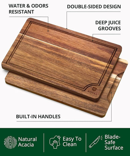 ROYAL CRAFT WOOD Wooden Cutting Boards for Kitchen Meal Prep & Serving - Bamboo Wood Serving Board Set with Deep Juice Groove Side Handles - Charcuterie & Chopping Butcher Block for Meat