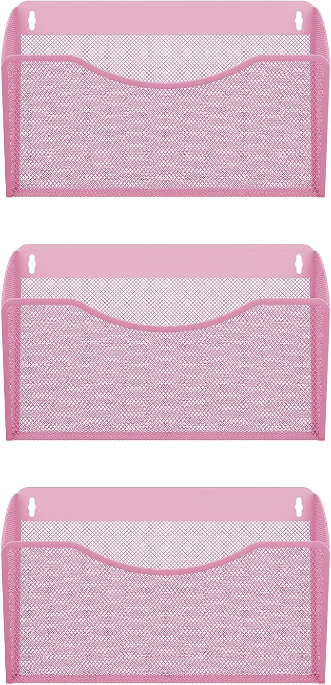 EasyPAG Wall File Organizer 3 Pack, Hanging File Organizer Wall Mount, Metal Mesh Folder Holder for Letter/A4 Papers, Mail Sorter for Office, Classroom, Home, Pink