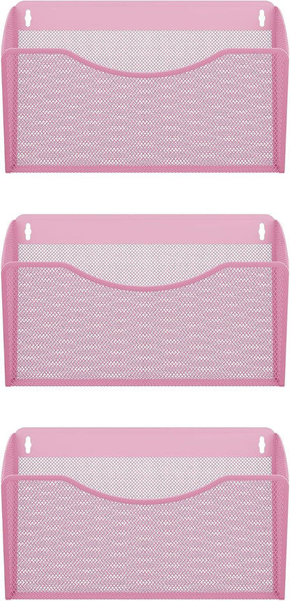 EasyPAG Wall File Organizer 3 Pack, Hanging File Organizer Wall Mount, Metal Mesh Folder Holder for Letter/A4 Papers, Mail Sorter for Office, Classroom, Home, Pink