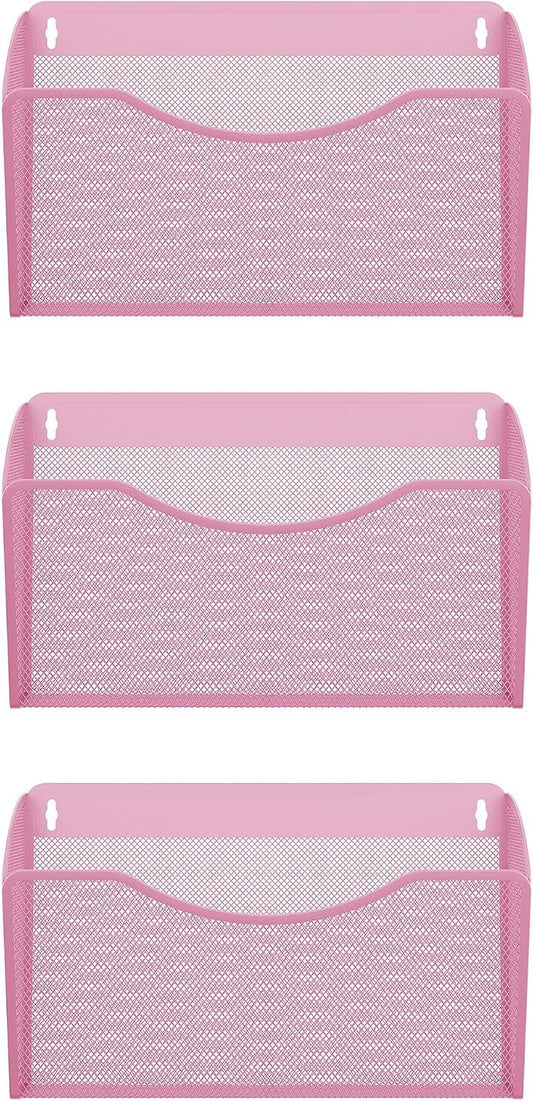 EasyPAG Wall File Organizer 3 Pack, Hanging File Organizer Wall Mount, Metal Mesh Folder Holder for Letter/A4 Papers, Mail Sorter for Office, Classroom, Home, Pink