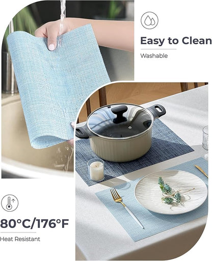 Leetaltree Soft Sky Blue Woven Placemats Set of 8 - Heat Resistant Non-Slip Place mats for Dining Table, Washable Durable PVC Vinyl Woven Table Mats(Sky Blue, 8)