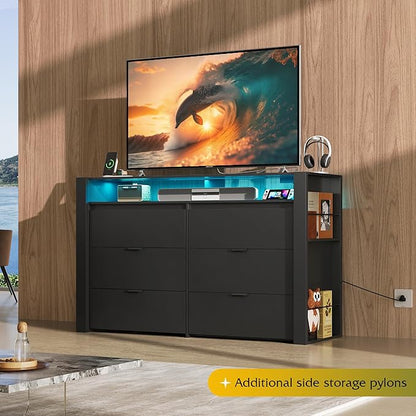 WLIVE 6 Drawer Led Dresser for Bedroom, 51" Black Wood Dresser Storage Organizer with Charging Station for 55" TV, Dressers with Open Shelves, Hanging Rack, Chest of Drawers for Closet, Living Room
