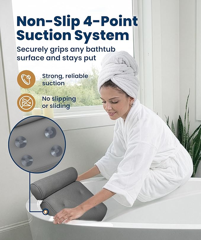 Everlasting Comfort Luxury Bath Pillows for Tub with Head and Neck Support - Non-Slip Bathtub Pillow with Suction Cups, Quick-Drying Mesh & Drying Hook - Jacuzzi & Spa Accessories for Women - Gray