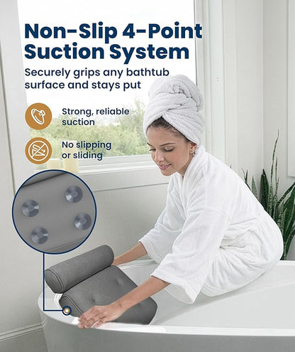 Everlasting Comfort Luxury Bath Pillows for Tub with Head and Neck Support - Non-Slip Bathtub Pillow with Suction Cups, Quick-Drying Mesh & Drying Hook - Jacuzzi & Spa Accessories for Women - Gray