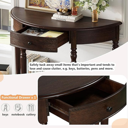 Amposei Small Curved Console Table 39-Inch Retro Farmhouse Wood Entry Sofa Table with Drawer & Storage Shelf for Living Room Hallway Entryway Furniture, Espresso