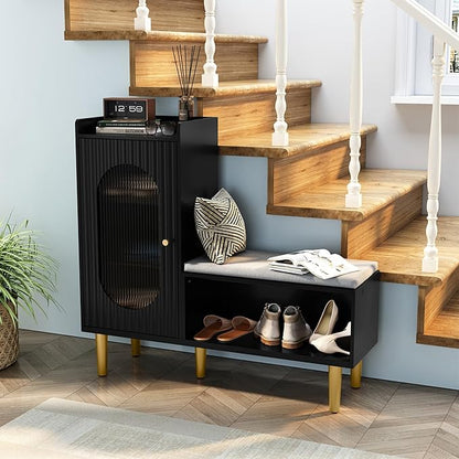 HLR Storage Bench Set of 2, Black Modern Entryway Shoe Cabinet Bench with Glass Door&Shelf, L-Shaped Storage Cabinet with Padded Seat for Hallway, Bedroom, Living Room, Office