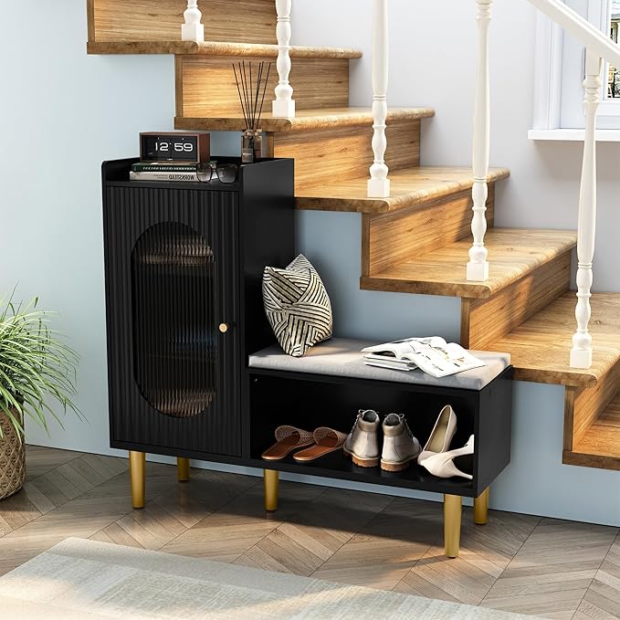 HLR Storage Bench with Glass Door&Shelf, Modern Entryway Shoe Cabinet Bench with Padded Seat, L-Shaped Storage Cabinet for Hallway, Bedroom, Living Room, Office, Black