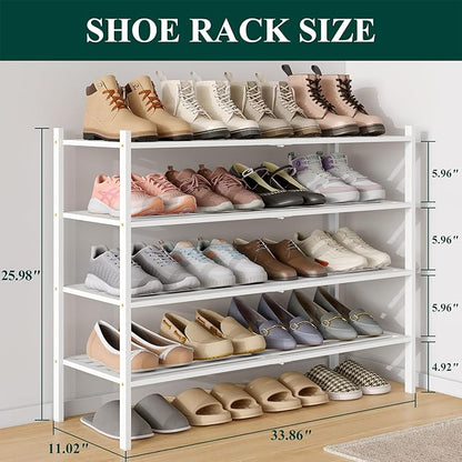 Smiry Long Bamboo Shoe Rack 4-Tier, Stackable Wooden Shoe Organizer for Entryway & Closet, Free Standing Wood Shoe Storage Shelf for Front Door & Small Spaces, White