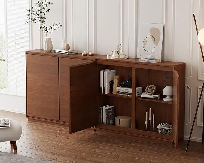 LKTART Mid Century Modern Sideboard Buffet Cabinet, Narrow Credenza Storage Cabinet,Media Console Coffee Bar Table for Living Room,Entryway,Kitchen,Walnut
