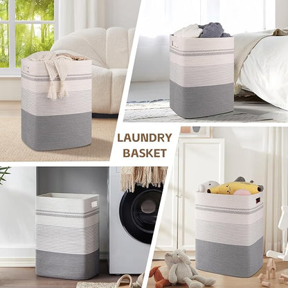 SIXDOVE Laundry Hamper, Large Woven Rope Tall Laundry Basket with Handles, 22" X 17" X 13", Decorative Storage Basket for Clothes and Blankets in Living room, Bedroom, Grey & White