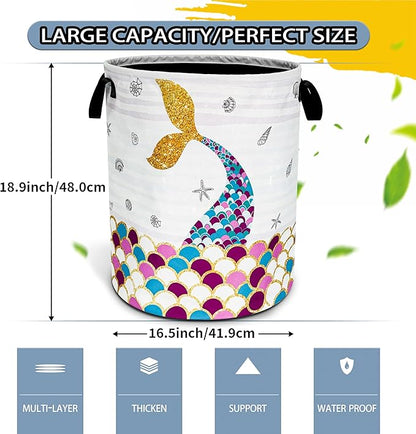 NUTAINLA Mermaid Scales Tail Laundry Basket Foldable Oxford Cloth Funny Tote Bag Laundry Hamper Clothes Storage Bucket Toy Organizer For Bathroom/Laundry Storage/Bedroom 18.9x16.5 Inch
