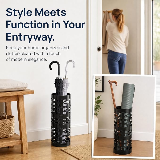 ZENFUN Umbrella Stand, Black Metal Umbrella Holder Freestanding, Cane Walk Stick Holder, Round Umbrella Rack for Entryway, Home, Office, 5.9 x 5.9 x 15.7 Inches