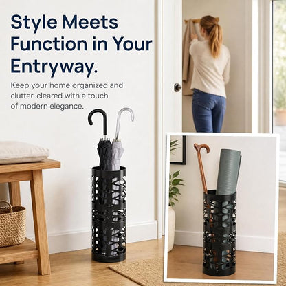 ZENFUN Umbrella Stand, Black Metal Umbrella Holder Freestanding, Cane Walk Stick Holder, Round Umbrella Rack for Entryway, Home, Office, 5.9 x 5.9 x 15.7 Inches