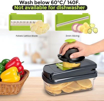 Yusshn Vegetable Chopper,12-in-1 Multifunctional Food Chopper,Professional Onion Chopper with 7 Blades,Vegetable Cutter with Container for Salad,Potato,Carrot,and Garlic; Essential Kitchen Tool(Grey)