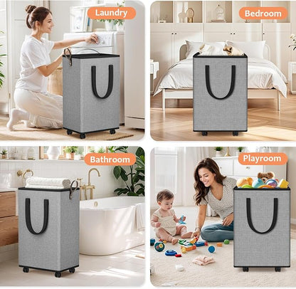 SpaceTrove Laundry Basket with Wheels, Collapsible Laundry Baskets, Laundry Hamper with Handles Detachable Wheels, Rolling Laundry Basket, Dirty Clothes Hamper for Bathroom, Dorm, Bedroom, Grey, 80L