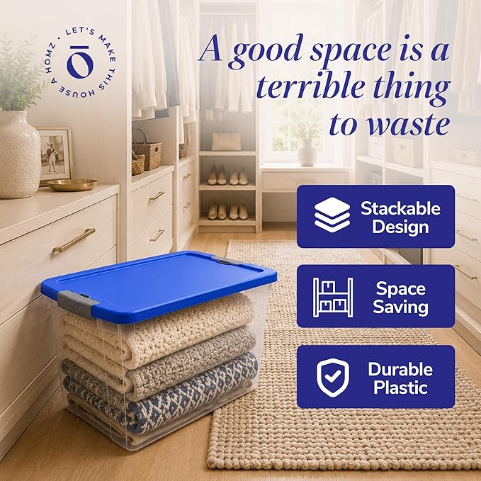 HOMZ 4-Pack Secure Latch, Clear Plastic Storage Organizer Bins, 64 Quart, Blue Lid - Stackable Container Boxes for Bedroom, Bathroom, Garage, and Office Organization