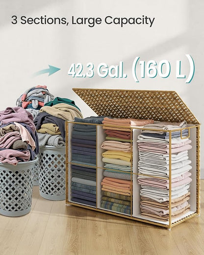 SONGMICS Laundry Hamper with Lid, 160 L Clothes Hamper with 2 Removable Liner Bags, 6 Mesh Bags, Wicker Laundry Basket, Double Laundry Hamper for Bathroom, 26 x 15.7 x 24 Inches, Natural ULCB316Y01