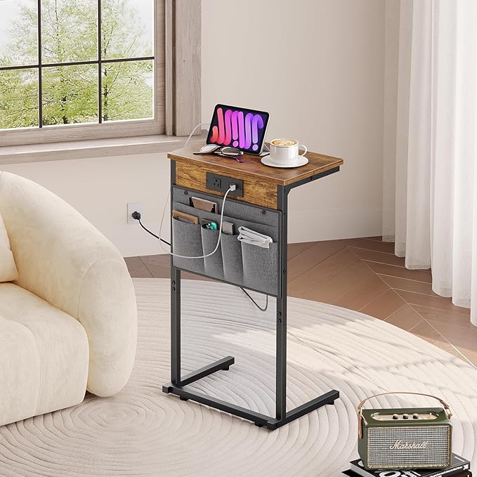 HOOBRO C Shaped End Table Set of 2 with Charging Station, 28" H Couch Side Tables for Small Spaces, Slide Under Sofa Tray Recliner Tables with Storage Bag for Living Room, Rustic Brown BF70USFP201