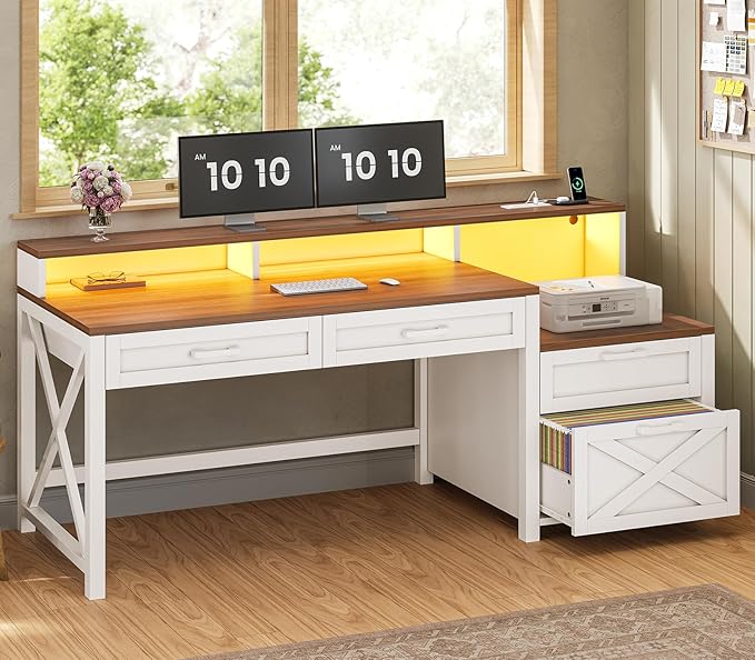 SEDETA Farmhouse Home Office Desk with File Drawer & Power Outlet, Computer Desk with 4 Drawer, Storage Shelves, Printer Cabinet and Monitor Shelf, Gaming Desk with Led Lights, White