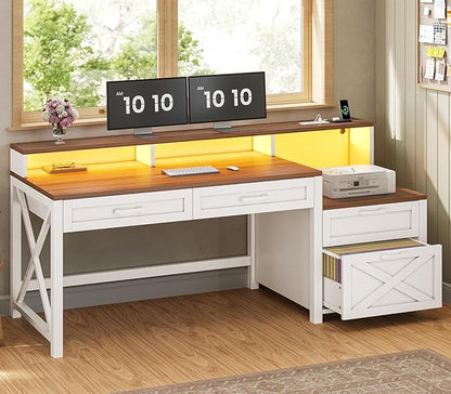 SEDETA Farmhouse Home Office Desk with File Drawer & Power Outlet, Computer Desk with 4 Drawer, Storage Shelves, Printer Cabinet and Monitor Shelf, Gaming Desk with Led Lights, White
