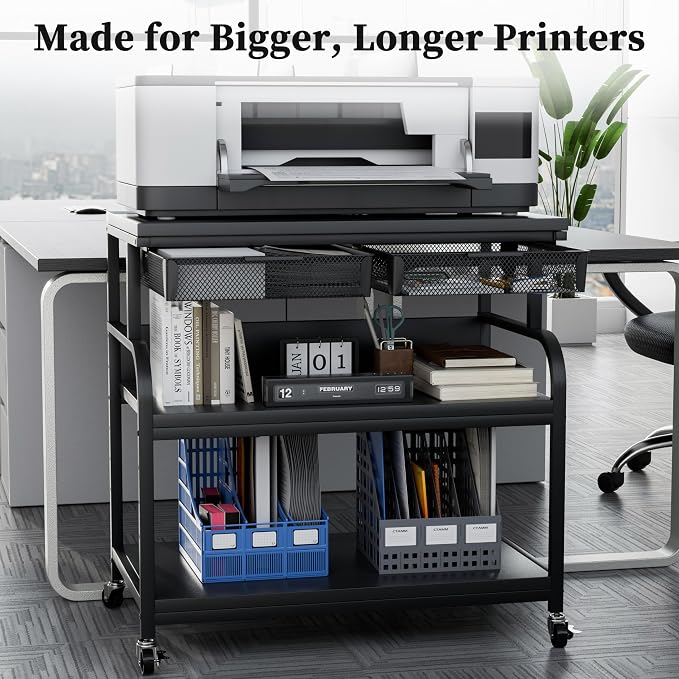 EasyCom 32.3"x18.9" Extra Large Printer Stand with Double Drawers, 5-Adjustable Heights 3 Tier Table with Wheels, Rolling Printer Cart with Storage for Printer Scanner Fax Home Office Use
